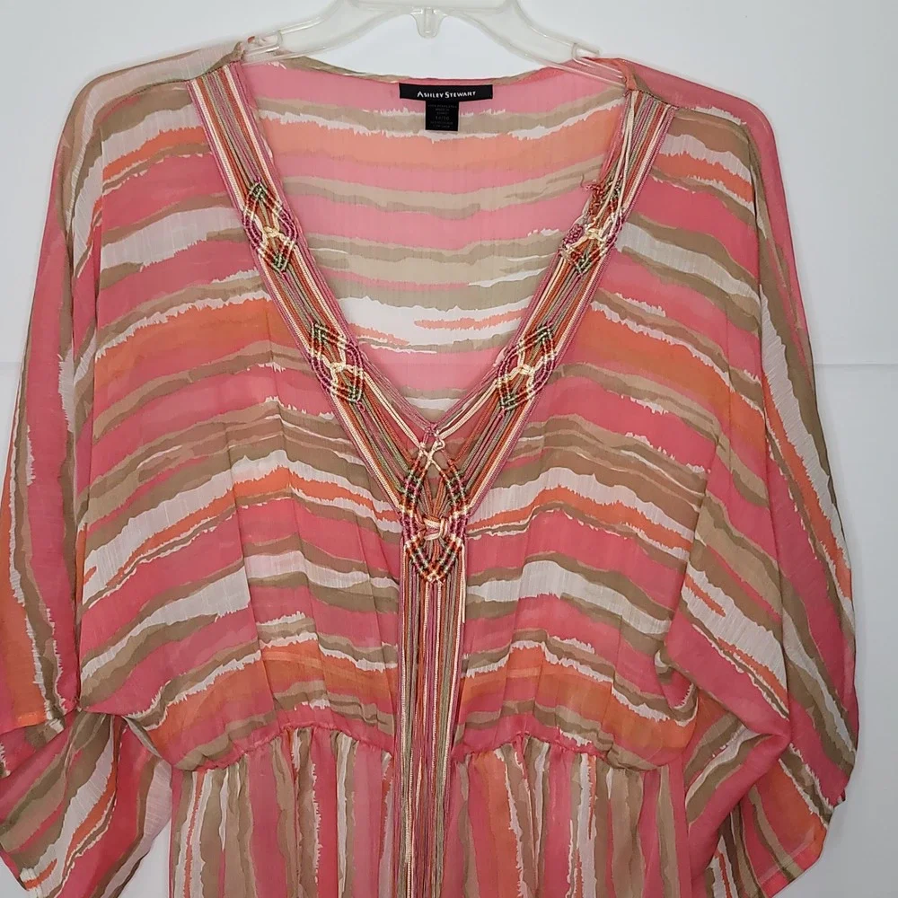 Ashley Stewart Chiffon Tunic 14/16 Coral Aztec Peasant Macrame Boho Beach Resort